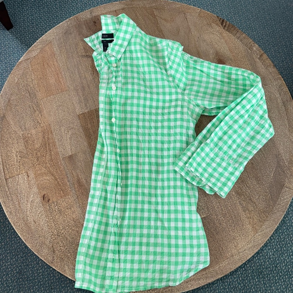 J Crew lime green and white , wrinkle style cotton check button down shirt